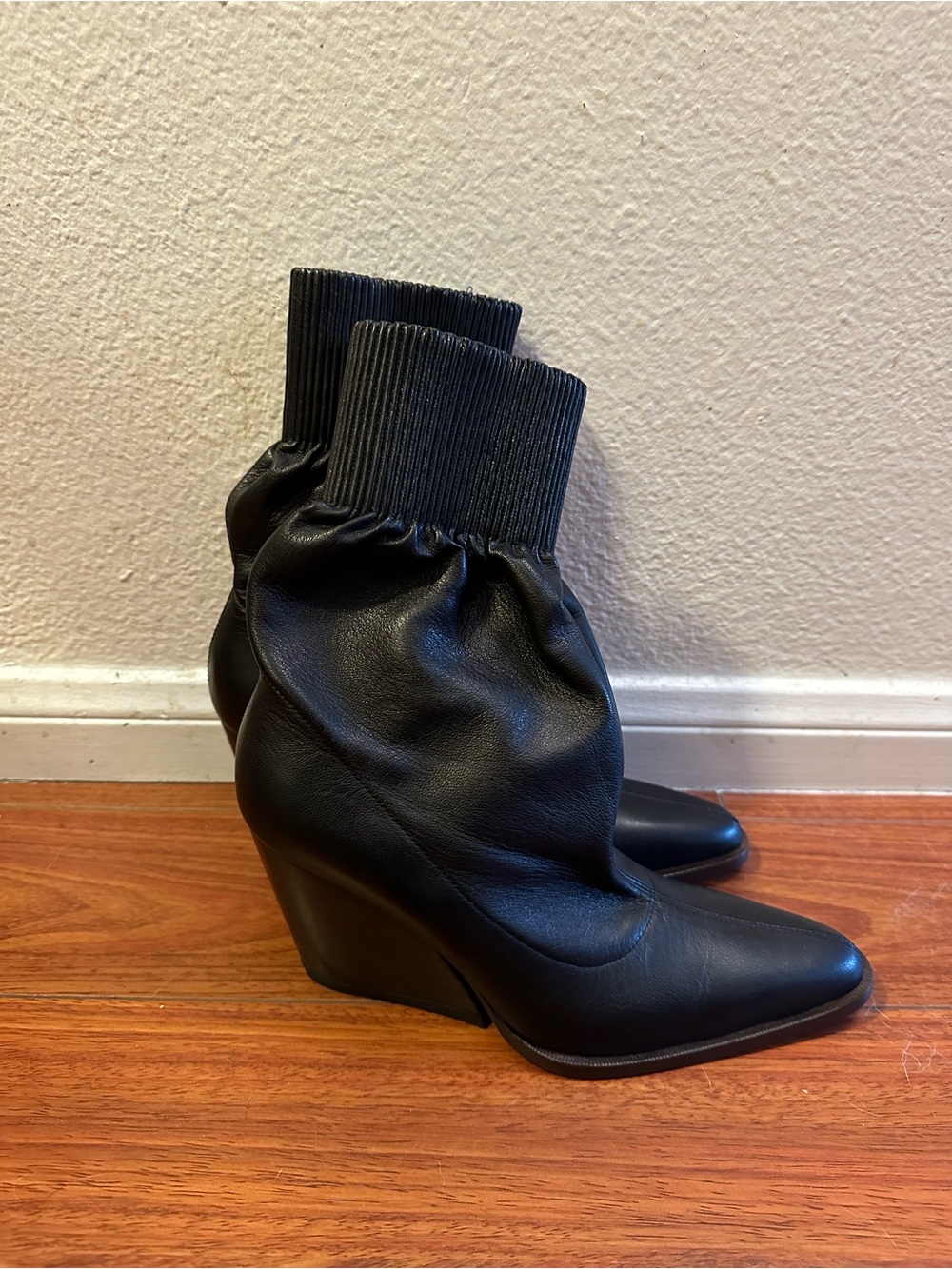 Kenzo Black Leather Wedge Ankle Boots with Ribbed Cuff
